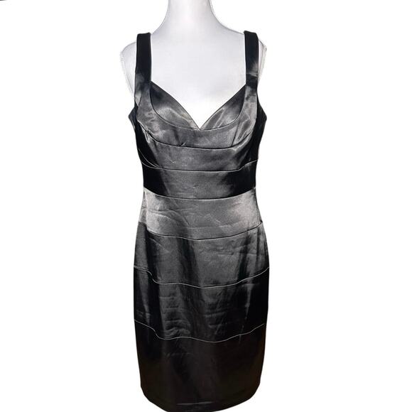 London Times Satin Little Black Dress Sleeveless Semi Formal Short Bodycon Dress - Picture 1 of 8